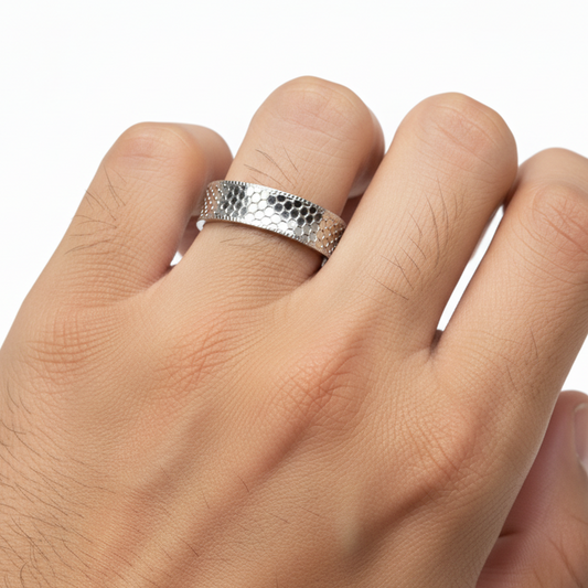 Silver Men's Modern Honeycomb Design Band