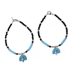 Silver Peacock Charm Black Beaded Baby Bracelet