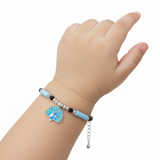 Silver Peacock Charm Black Beaded Baby Bracelet