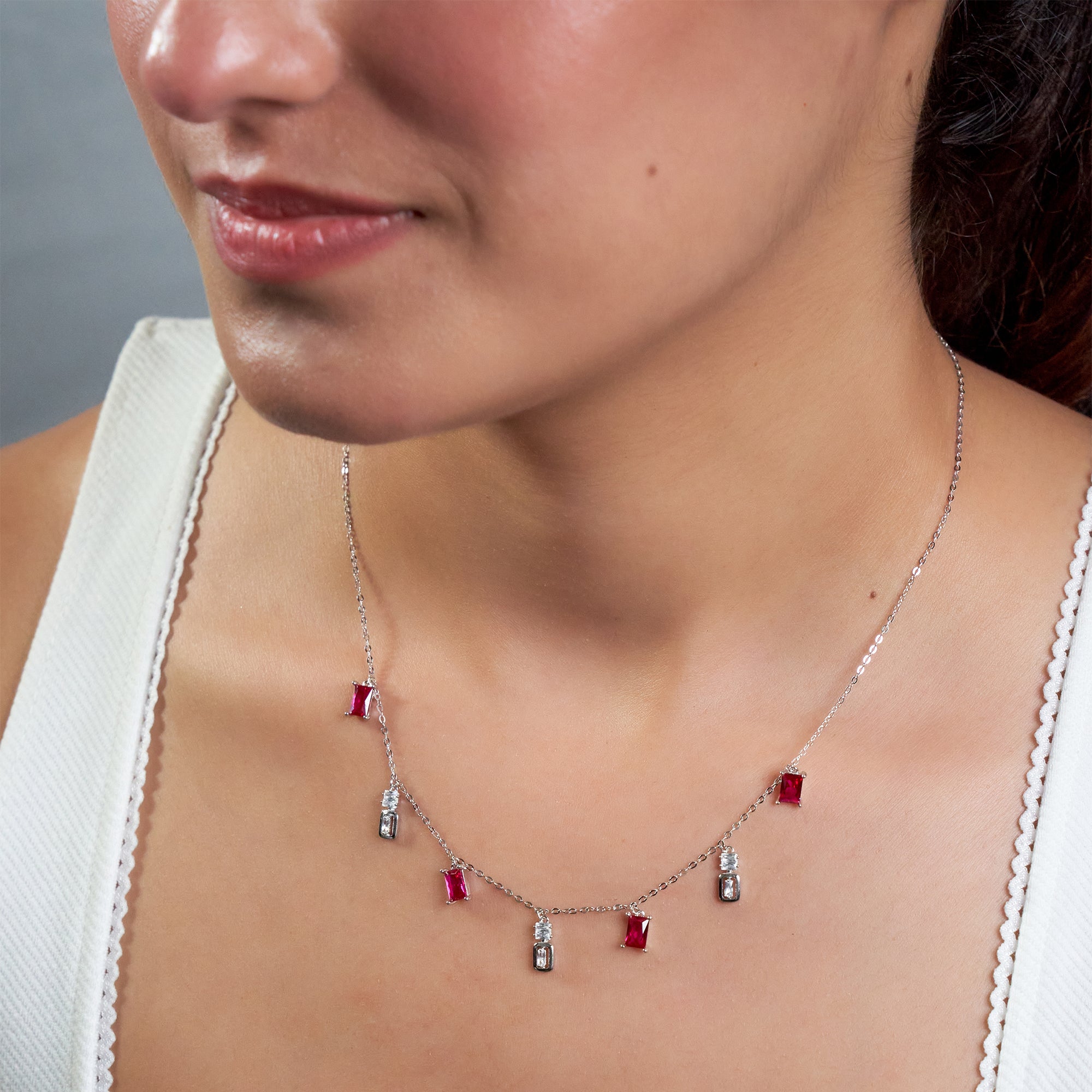 Silver Ruby Red Charms Necklace