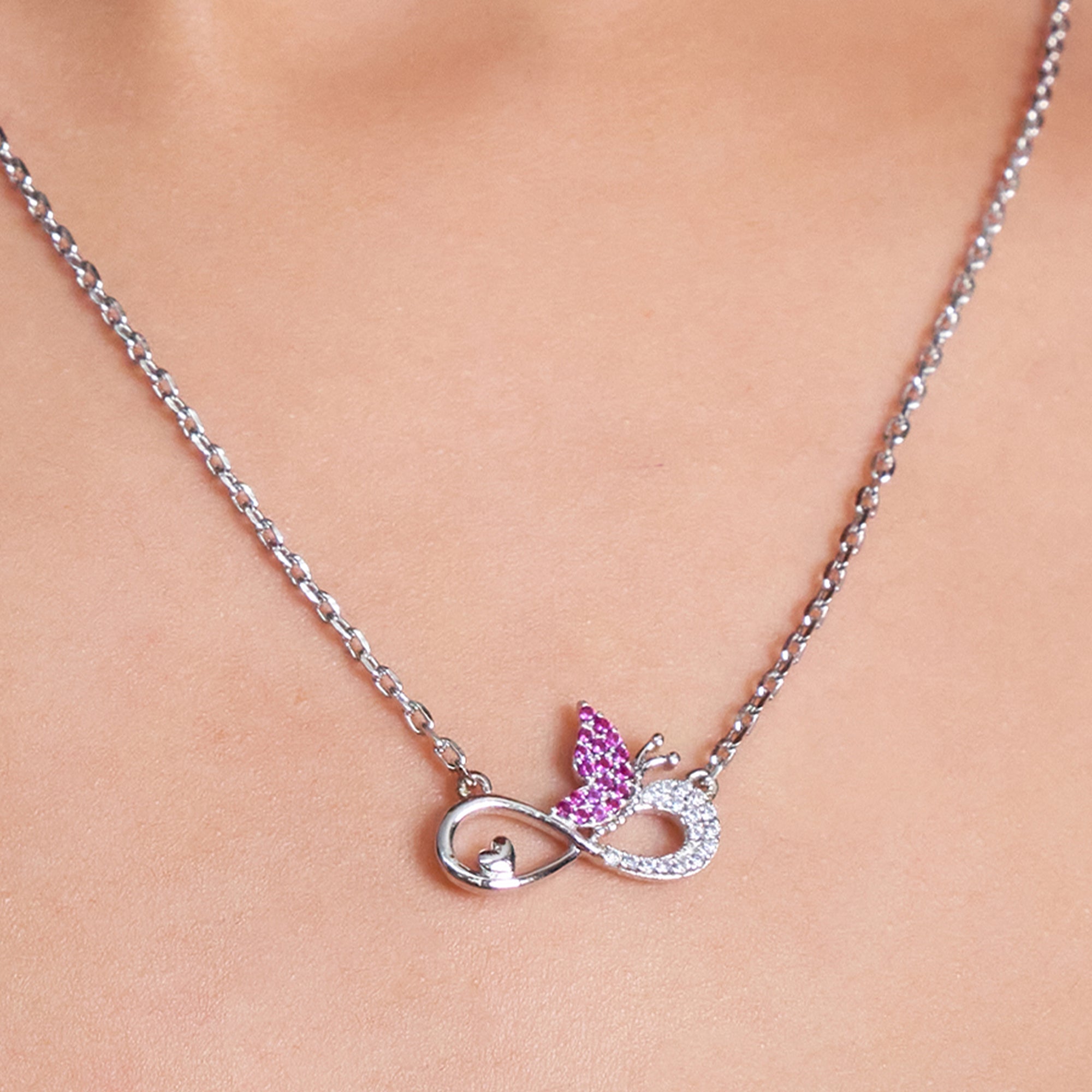 Silver Pink Butterfly and Infinity Love Pendant