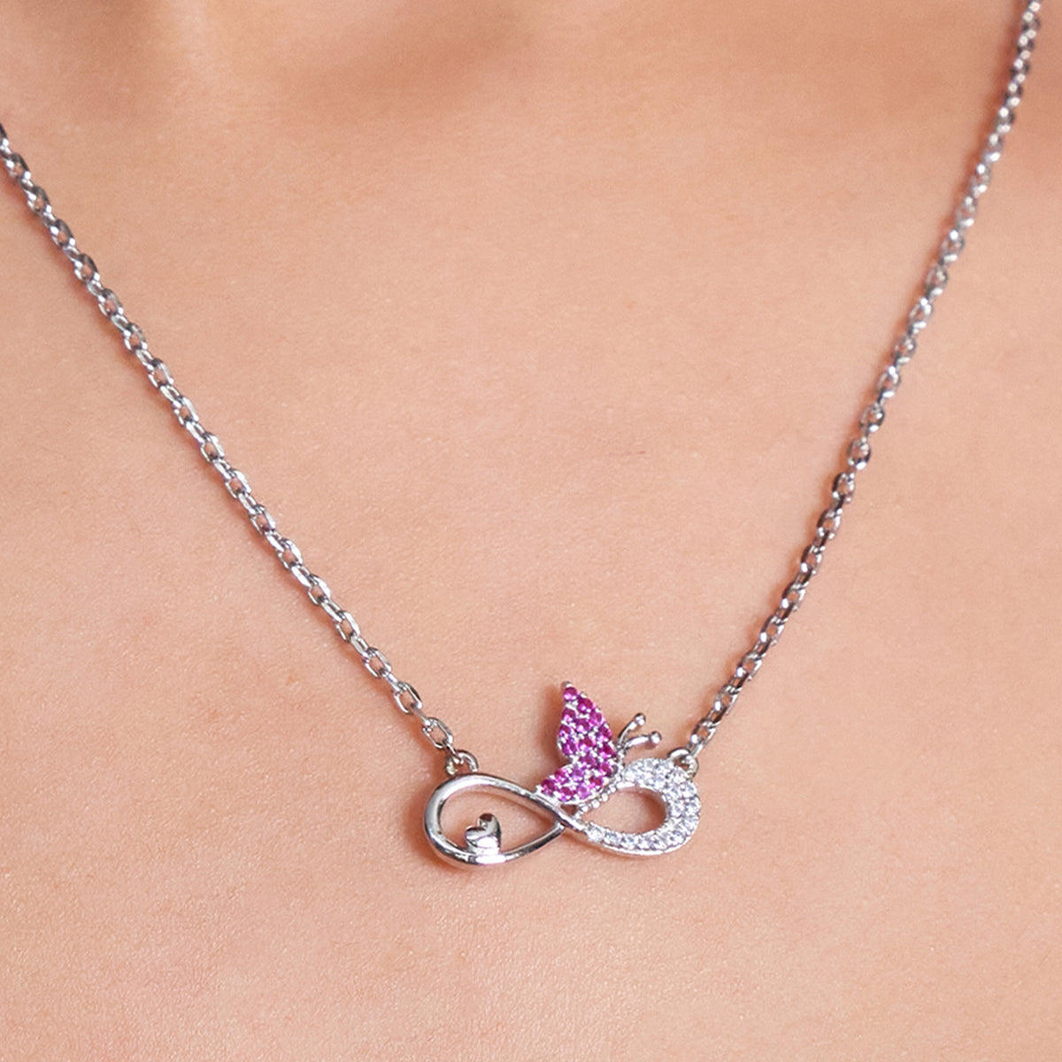 Silver Pink Butterfly and Infinity Love Pendant
