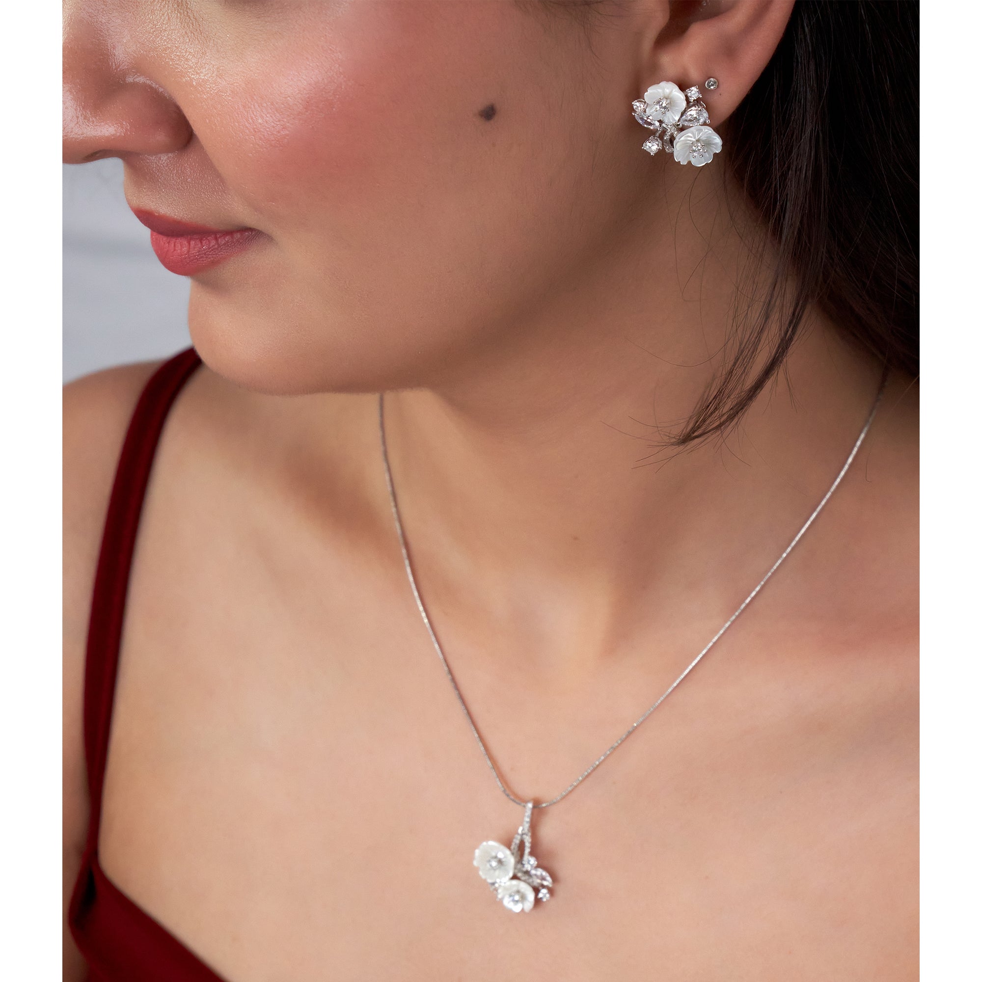 Silver Mother of pearl Bouquet Marquise CZ Pendant Set