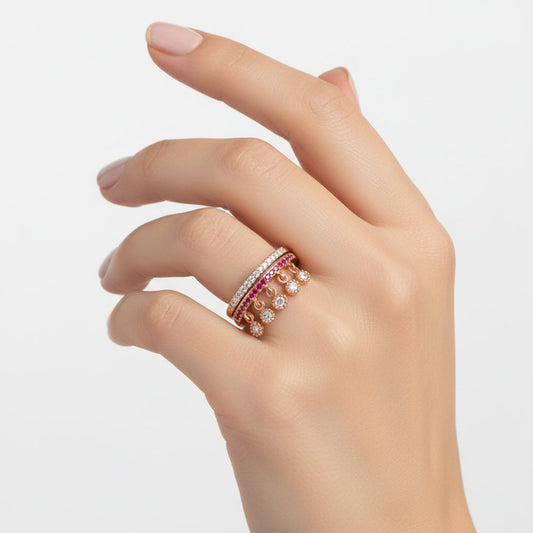 Rose Gold Sparkling Dual-Band Dangle Charm Ring for her