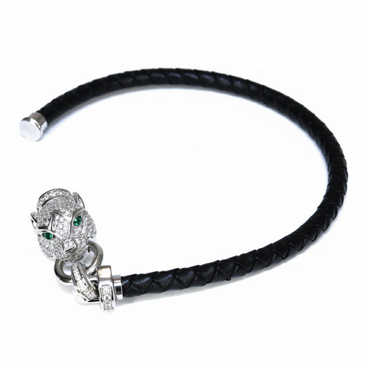 Silver Majestic Jaguar leather bracelet For mens
