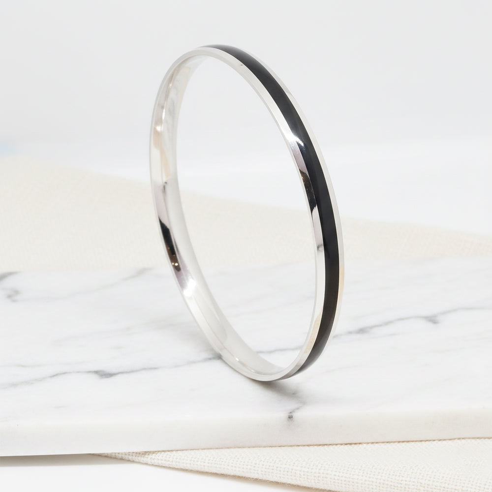 Silver Monochrome Edge black strip Mens Bracelet ( kada ) for him