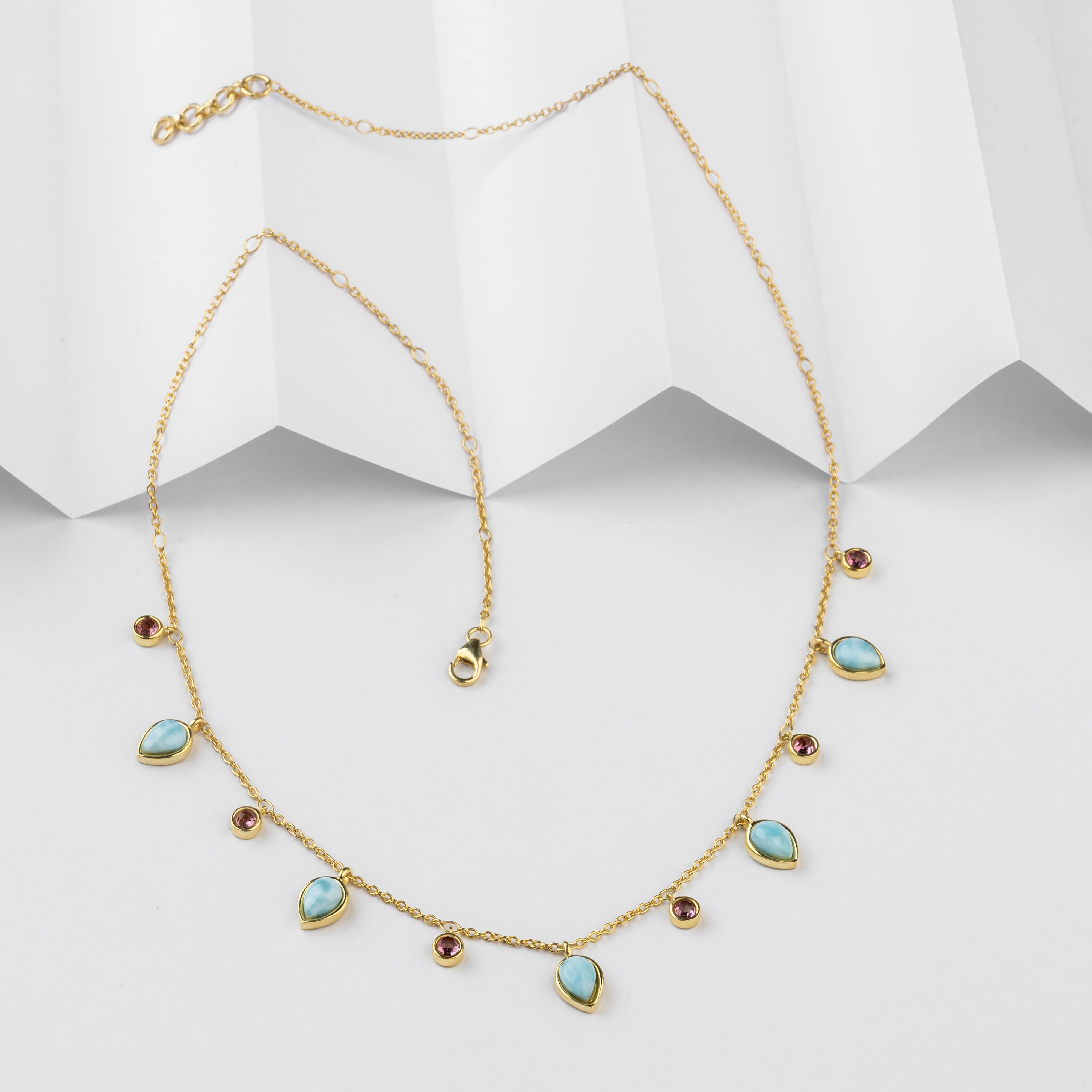 Celestial Larimar & Pink Tourmaline 925 Pure Silver Necklace