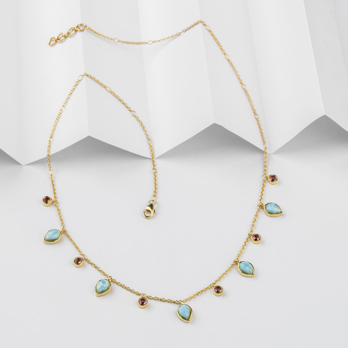 Celestial Larimar & Pink Tourmaline 925 Pure Silver Necklace