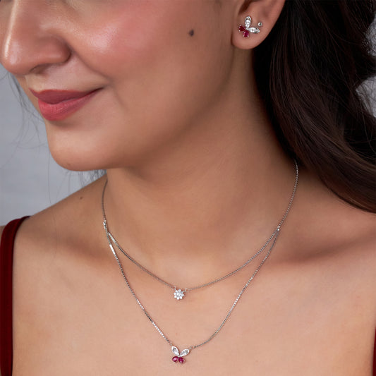 Silver Dainty Butterfly & Starburst Pendant Set