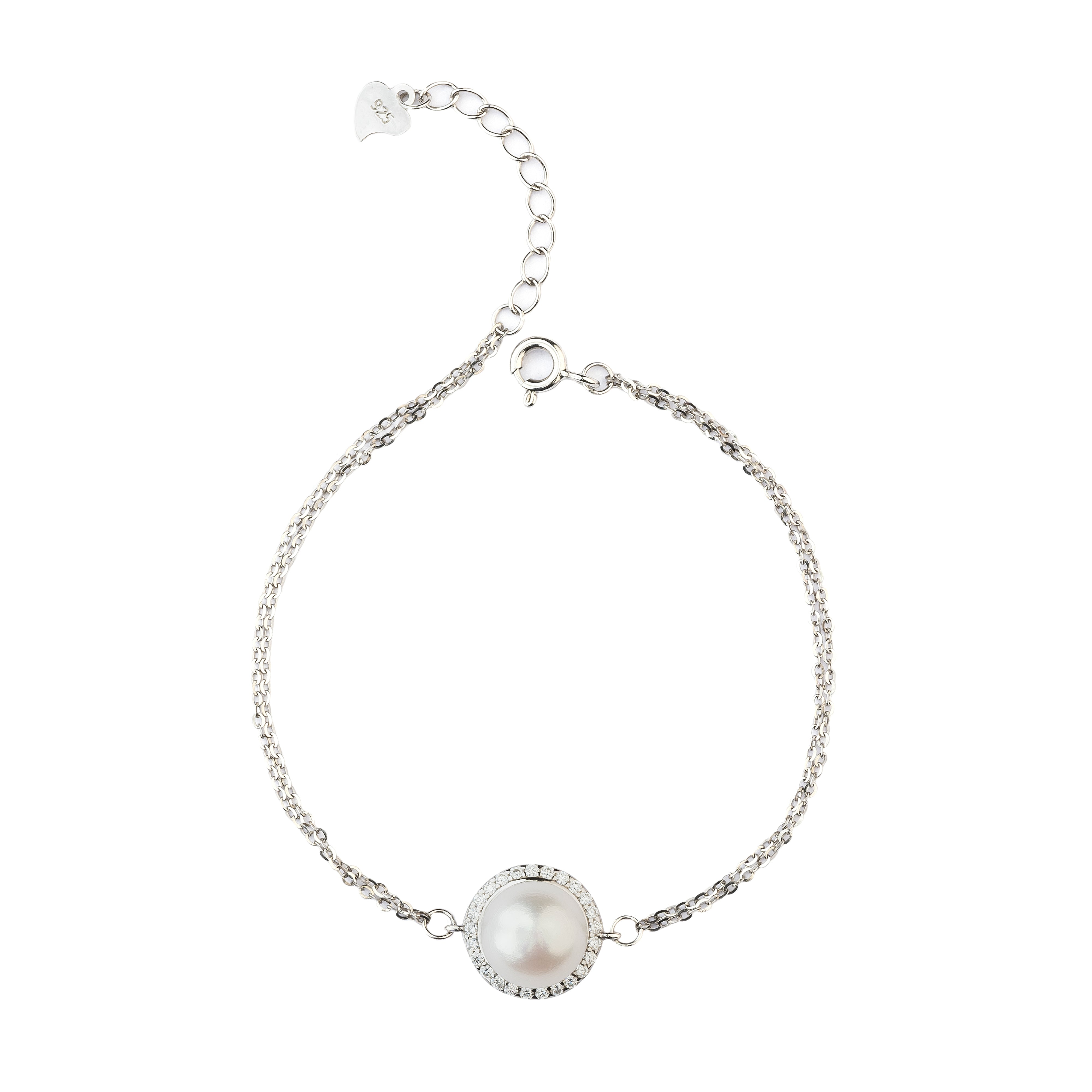 Sterling Silver Radiant Halo Pearl Double-Chain Bracelet