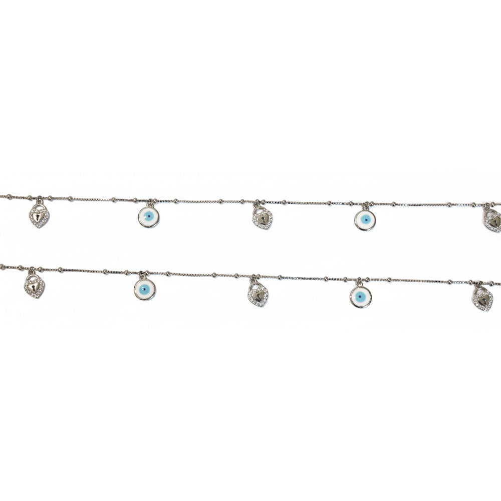 925 Silver Heart Padlock and Evil Eye Charm Anklet
