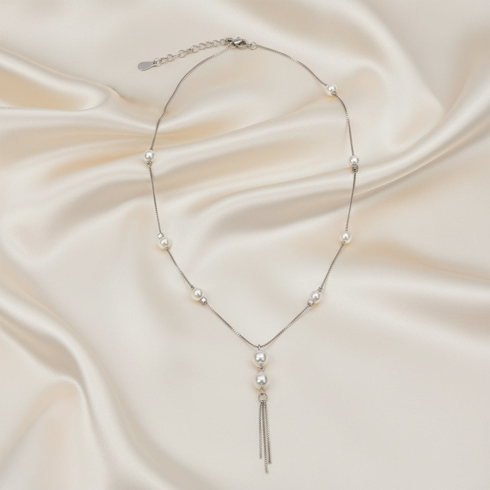 Silver Elegant Pearl Drop Lariat Chain For Her