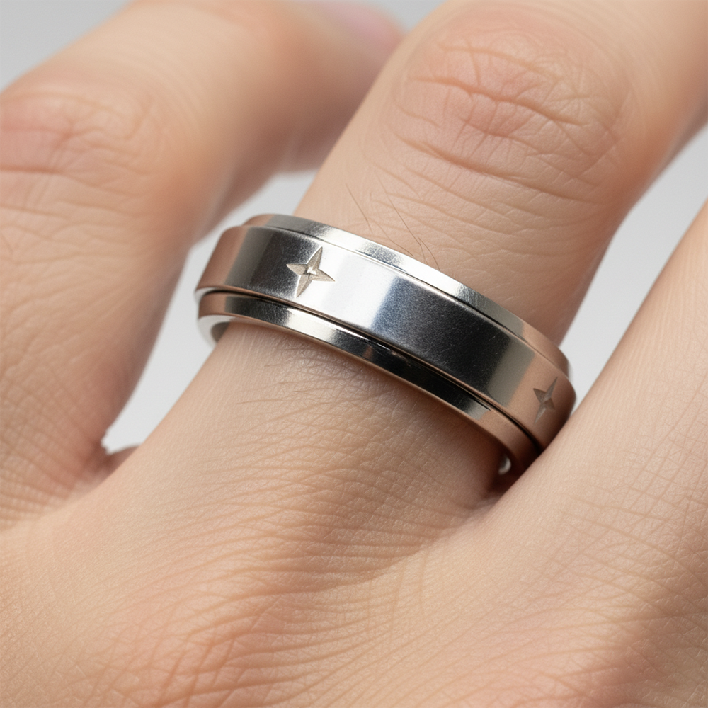 Silver zenith Star spinner Band ring For him