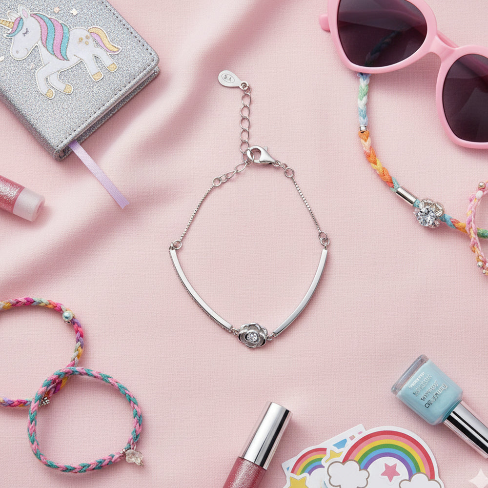 Silver Sparkling Rose Flower Bracelet for Kids