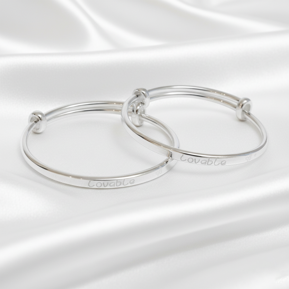 Silver "Loveable" Engraved Adjustable Baby Kada