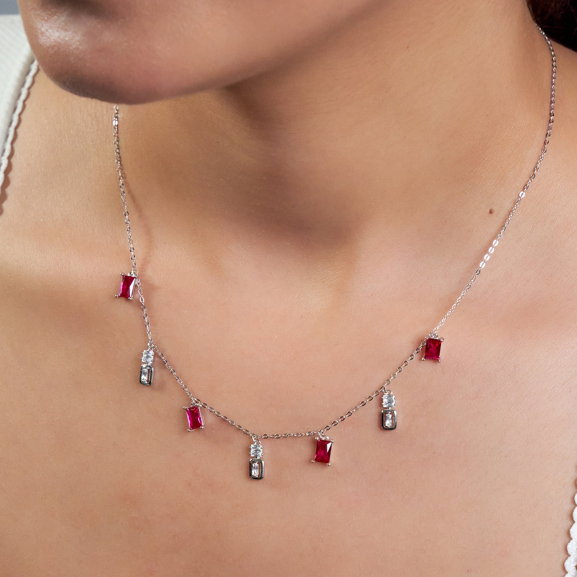 Silver Ruby Red Charms Necklace