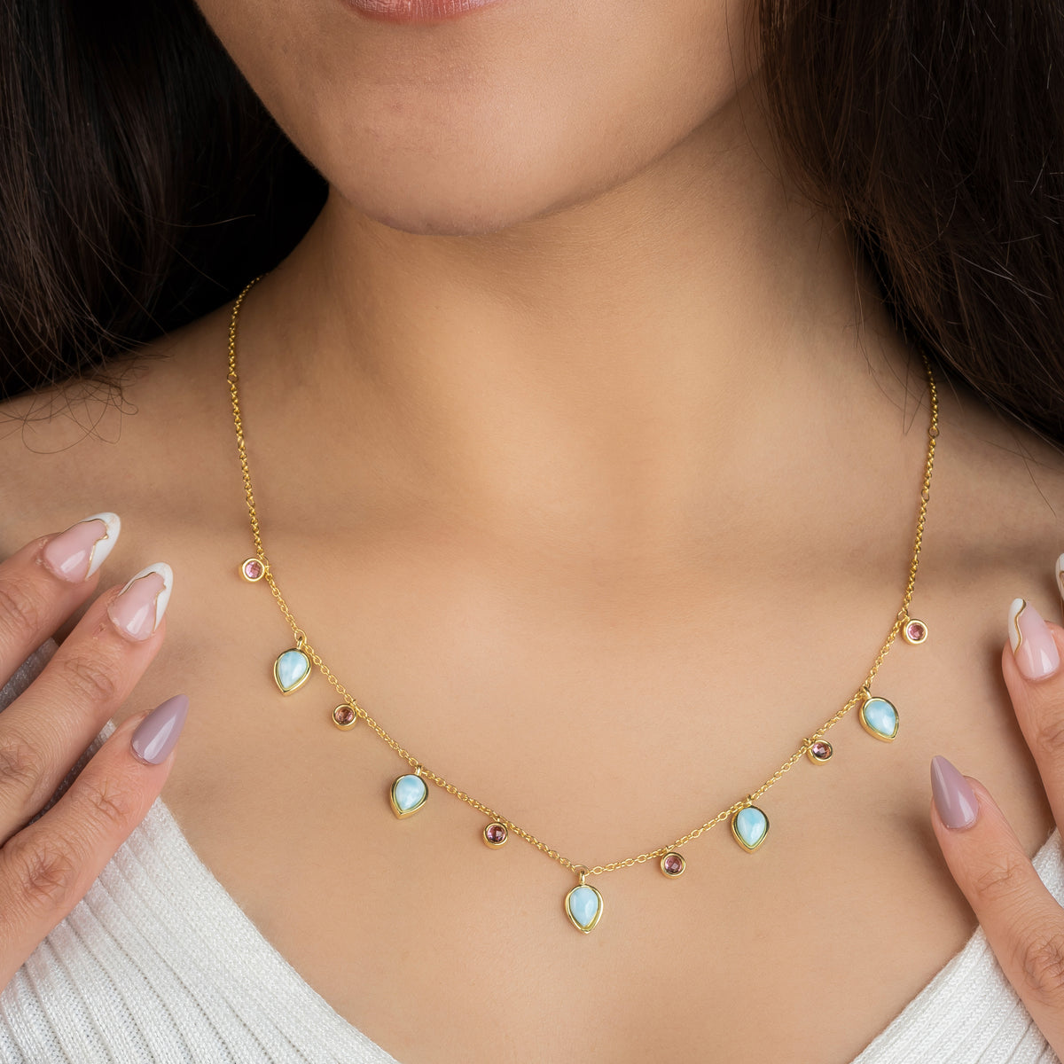 Celestial Larimar & Pink Tourmaline 925 Pure Silver Necklace