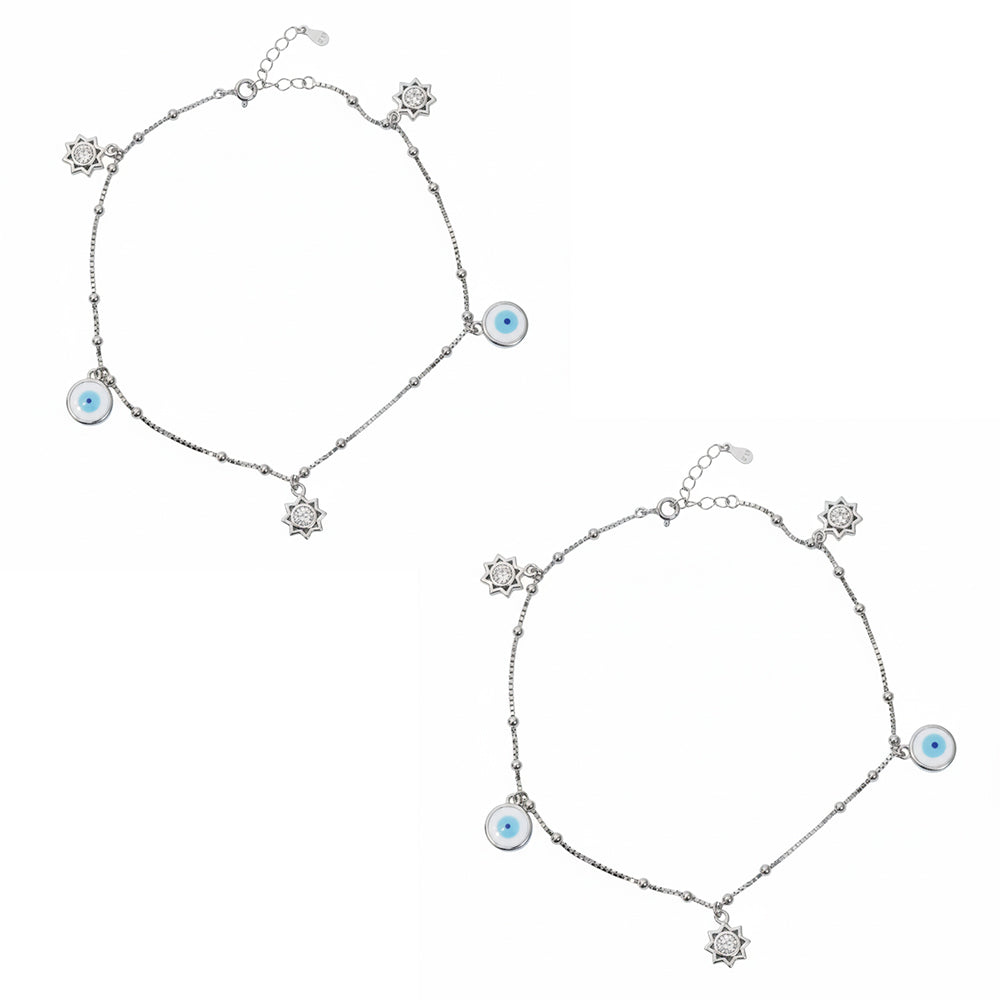 Silver Evil eye and Sun charms Anklet