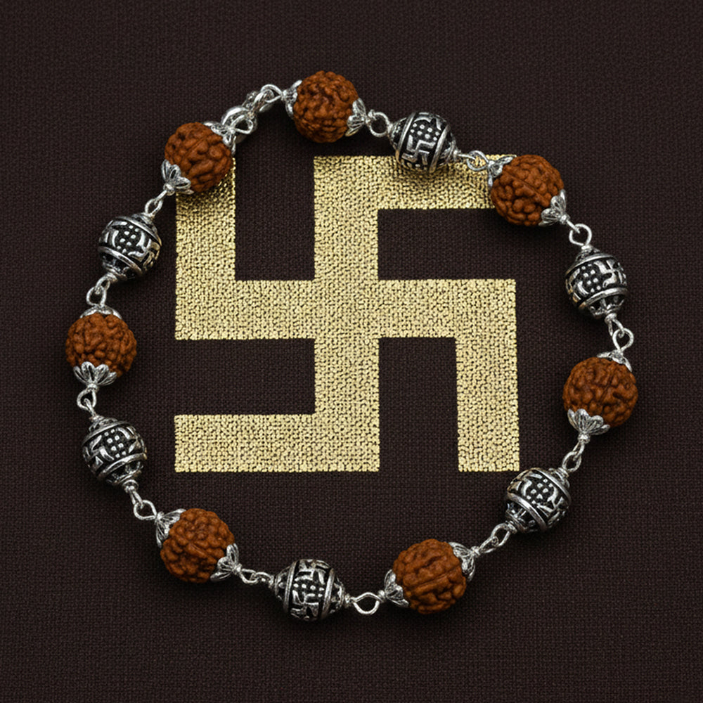 Silver Swastik Symbol Rudraksh chain Bracelet