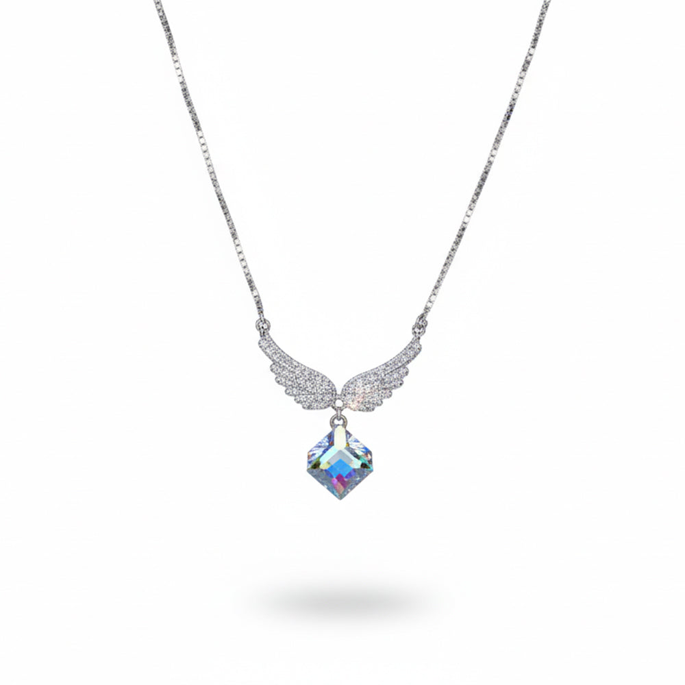 Silver Angel wings Sparkling Rainbow Crystal Pendant Necklace