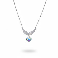 Silver Angel wings Sparkling Rainbow Crystal Pendant Necklace