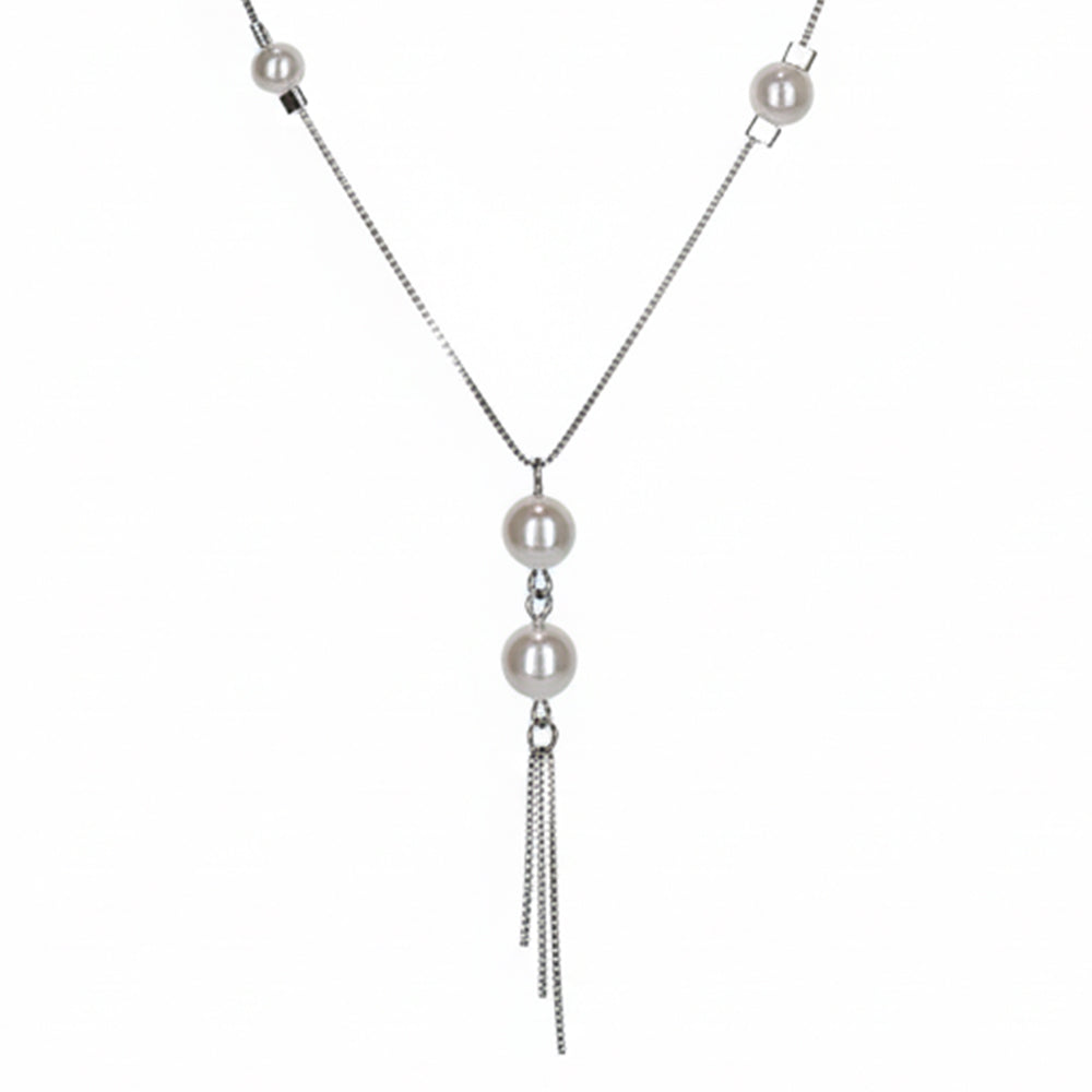 Silver Elegant Pearl Drop Lariat Chain For Her