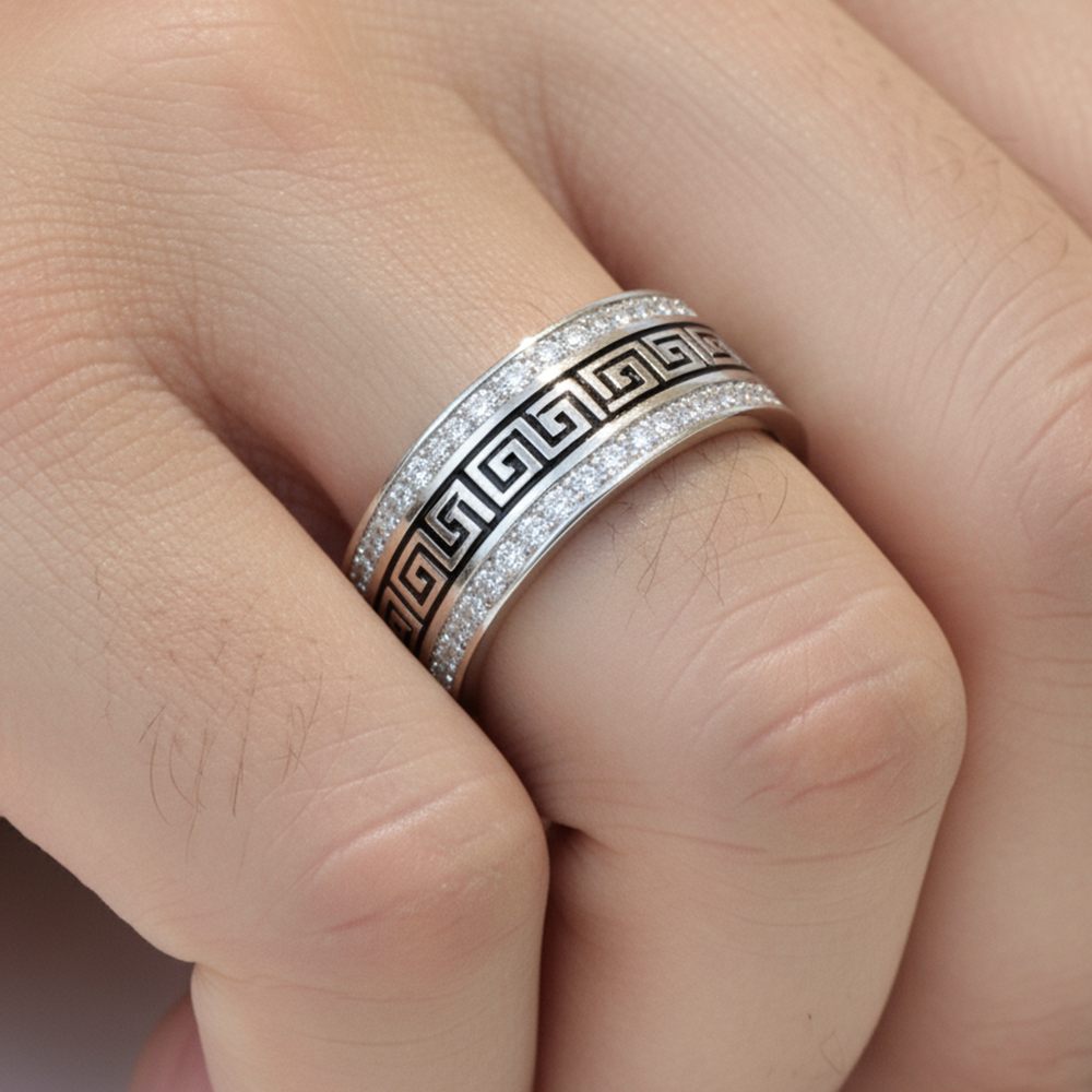 Silver Greek pattern Band ring for mens