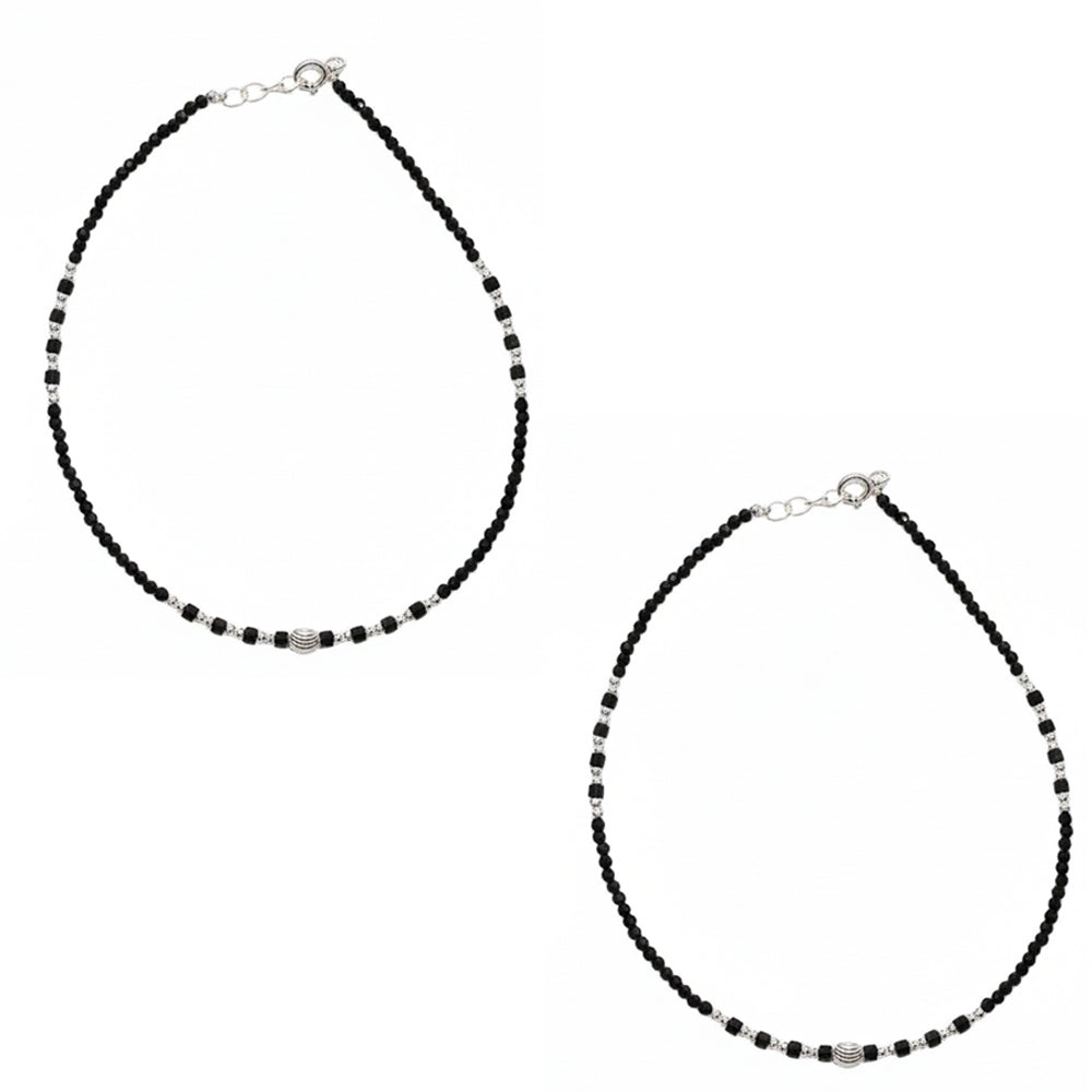 Silver Trendy Textured barrel black beads anklets for her