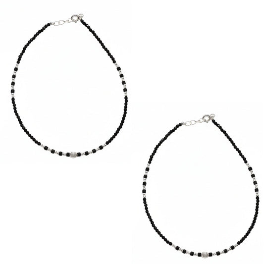 Silver Trendy Textured barrel black beads anklets for her