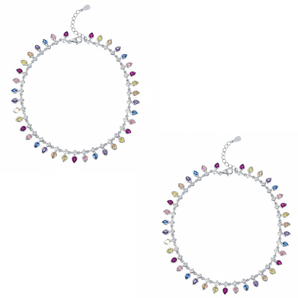 Silver Vibrant Rainbow multicolored  Teardrop  Anklet