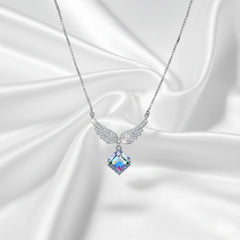 Silver Angel wings Sparkling Rainbow Crystal Pendant Necklace