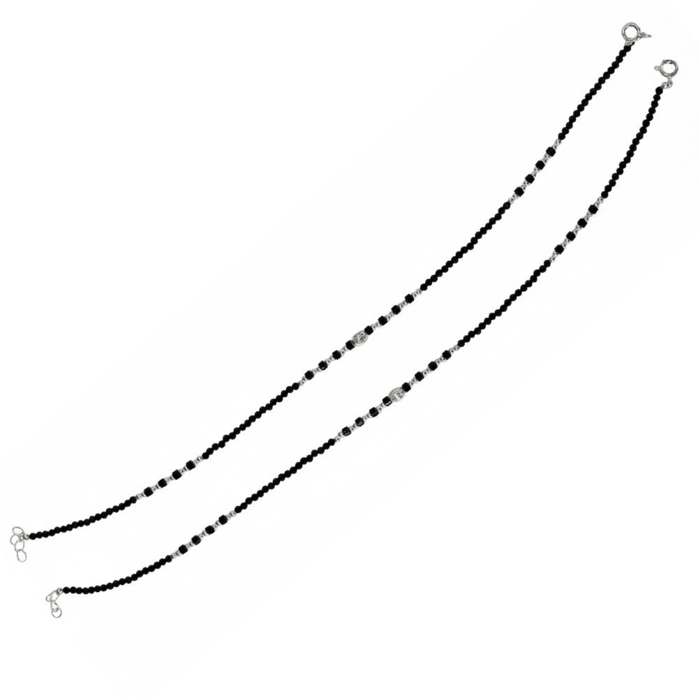 Silver Trendy Textured barrel black beads anklets for her