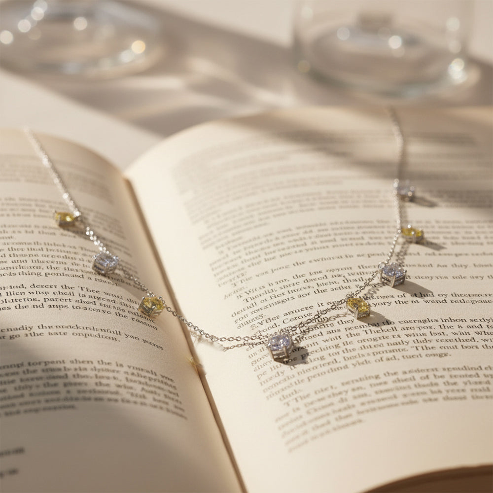 Silver Yellow and white CZ stones in Emerald cut Necklace
