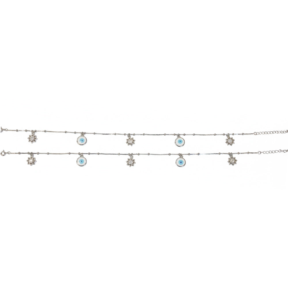 Silver Evil eye and Sun charms Anklet