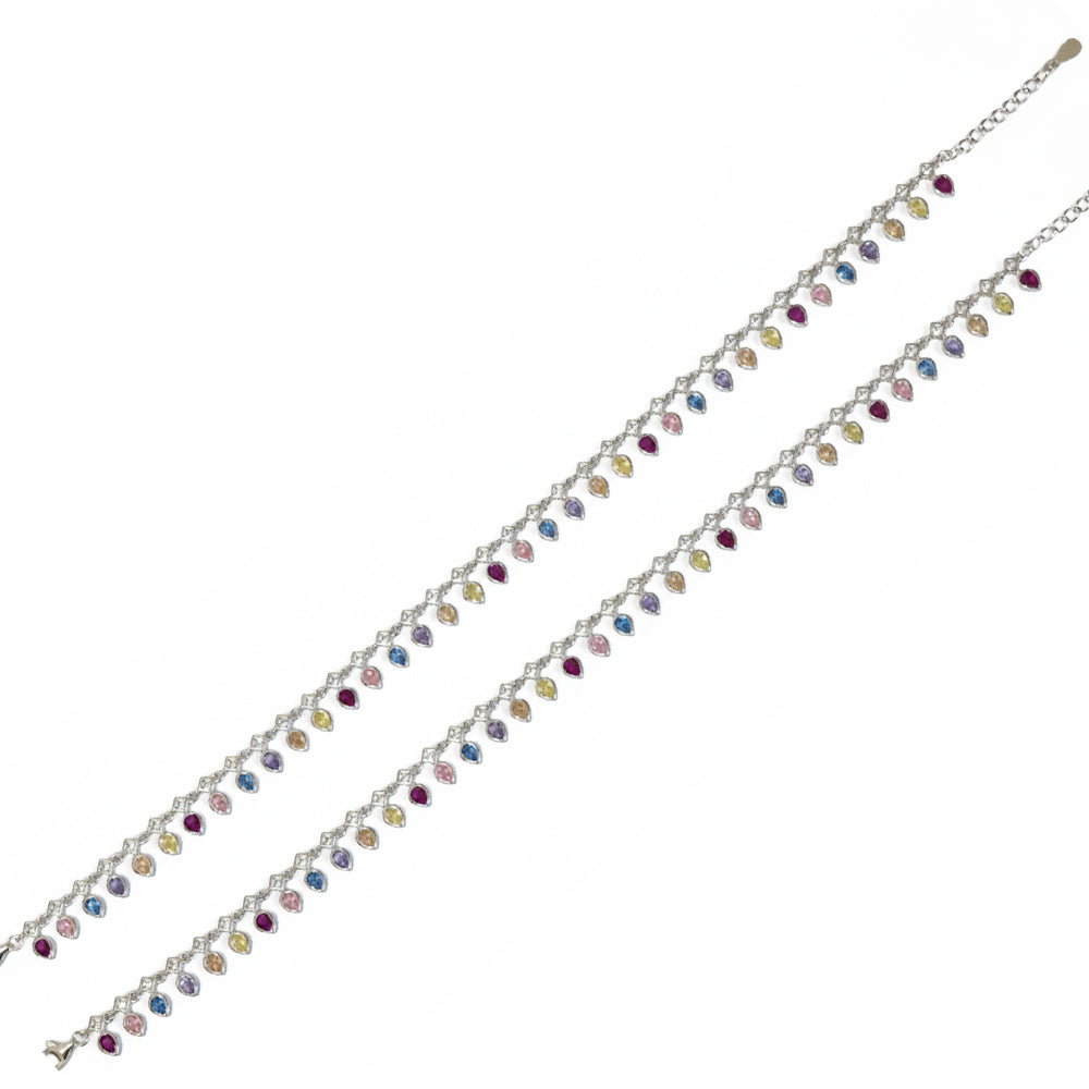 Silver Vibrant Rainbow multicolored  Teardrop  Anklet
