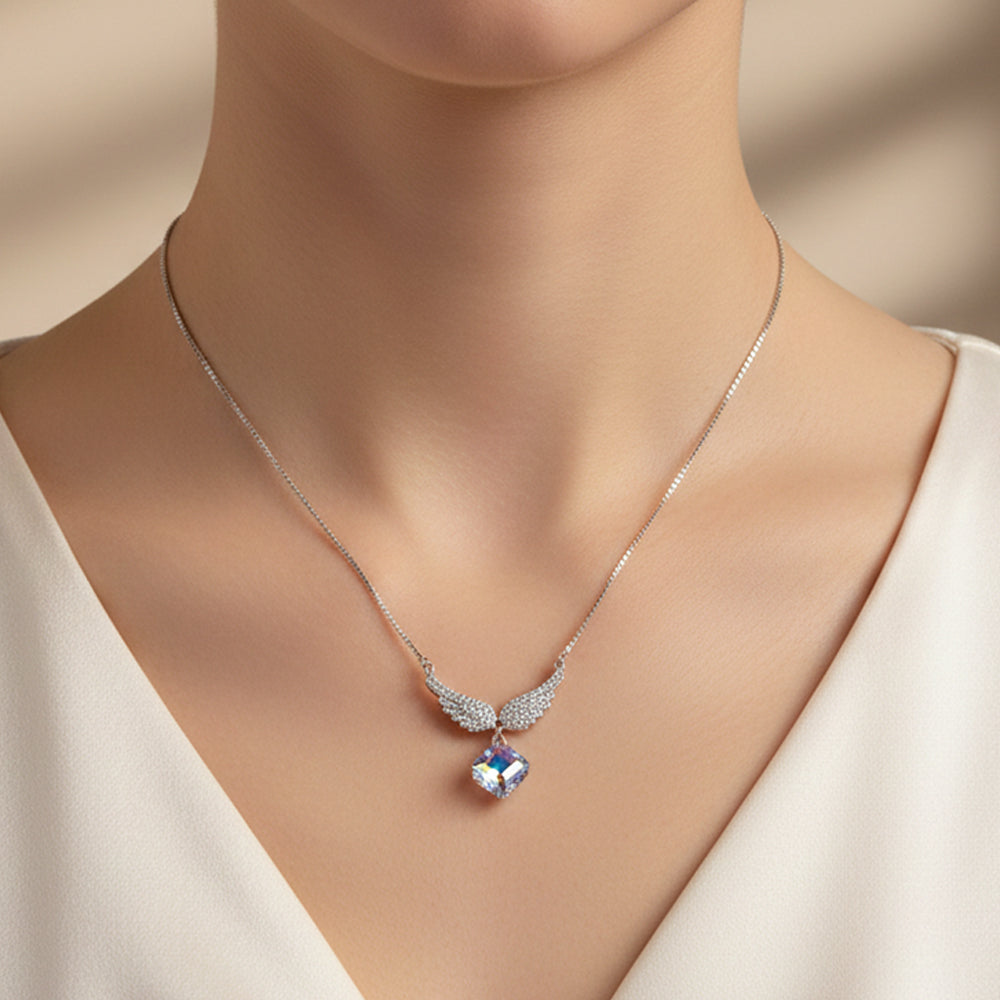 Silver Angel wings Sparkling Rainbow Crystal Pendant Necklace