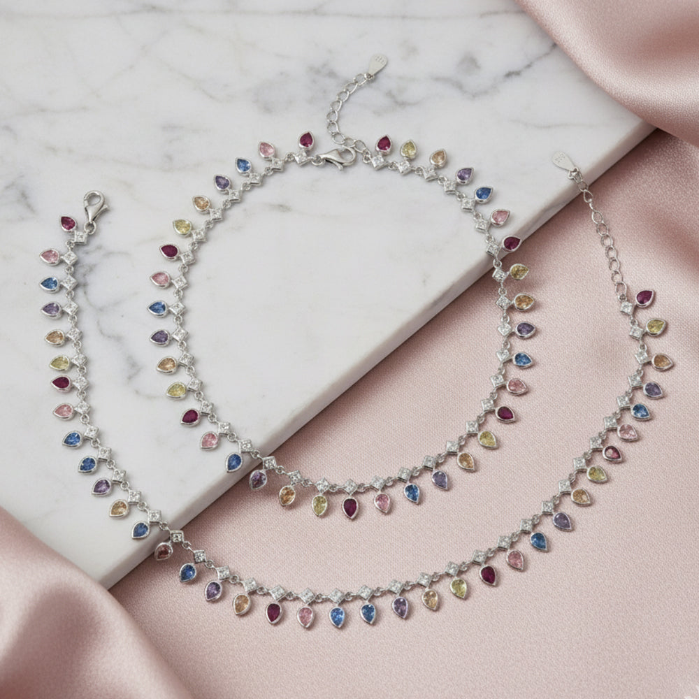 Silver Vibrant Rainbow multicolored  Teardrop  Anklet