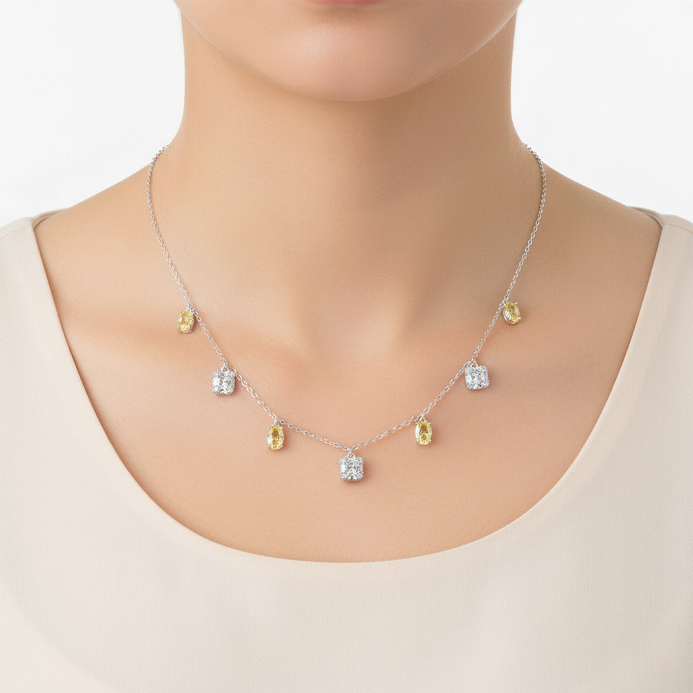 Silver Yellow and white CZ stones in Emerald cut Necklace