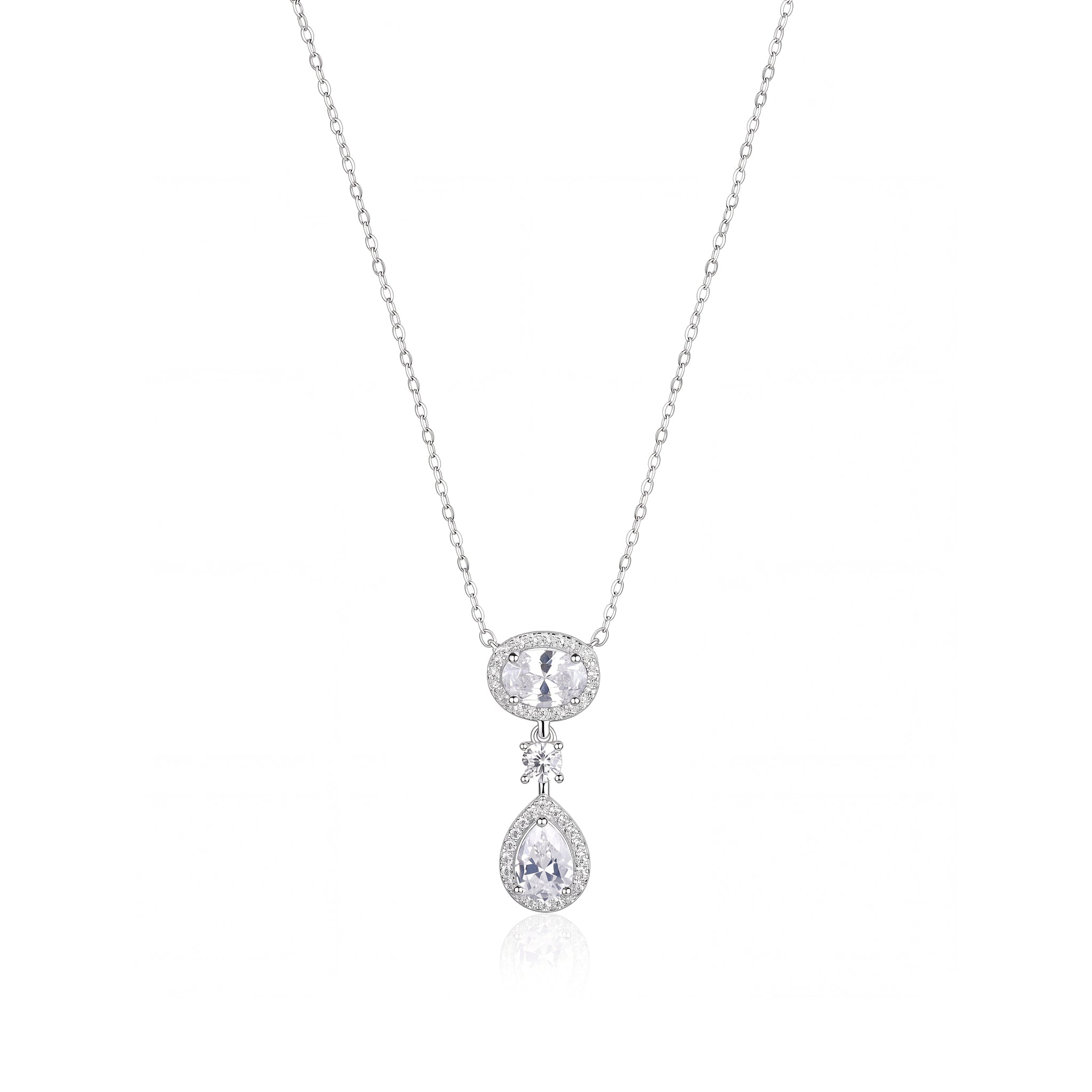 A high-resolution e-commerce composite image of a two-tiered 925 Sterling Silver dangle necklace with sparkling oval and teardrop lab-grown diamonds. 