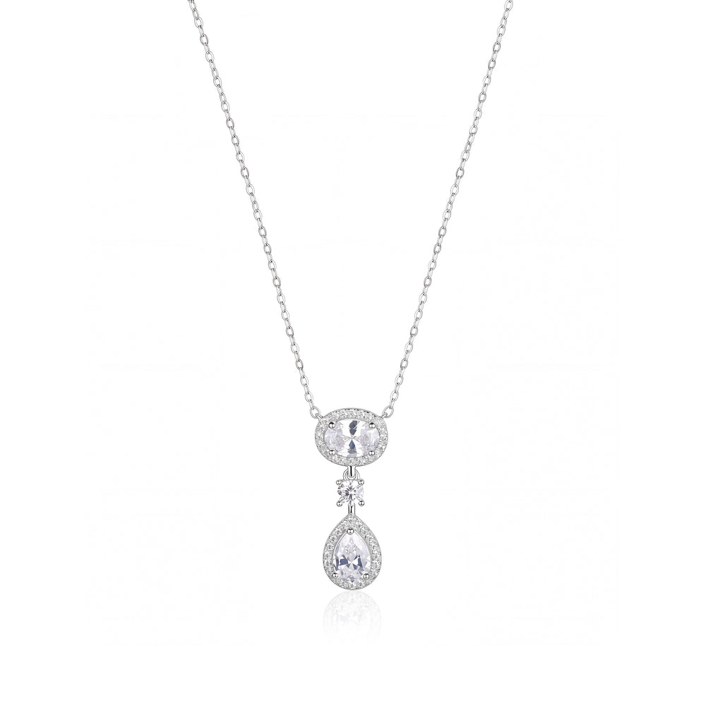 A high-resolution e-commerce composite image of a two-tiered 925 Sterling Silver dangle necklace with sparkling oval and teardrop lab-grown diamonds. 
