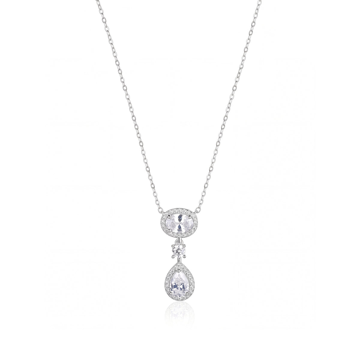 A high-resolution e-commerce composite image of a two-tiered 925 Sterling Silver dangle necklace with sparkling oval and teardrop lab-grown diamonds. 