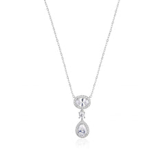 A high-resolution e-commerce composite image of a two-tiered 925 Sterling Silver dangle necklace with sparkling oval and teardrop lab-grown diamonds. 