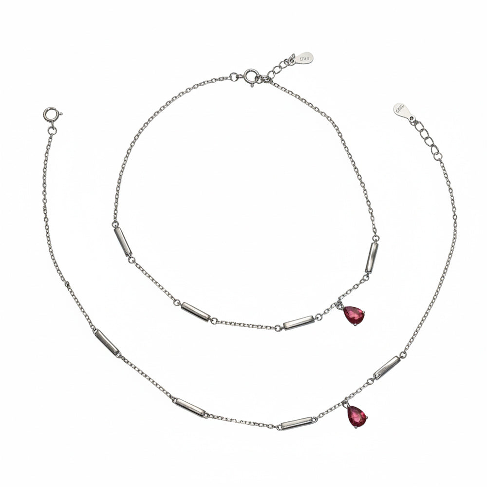 Silver Ruby Teardrop and Bar Stylish Anklet