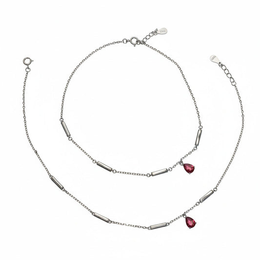 Silver Ruby Teardrop and Bar Stylish Anklet