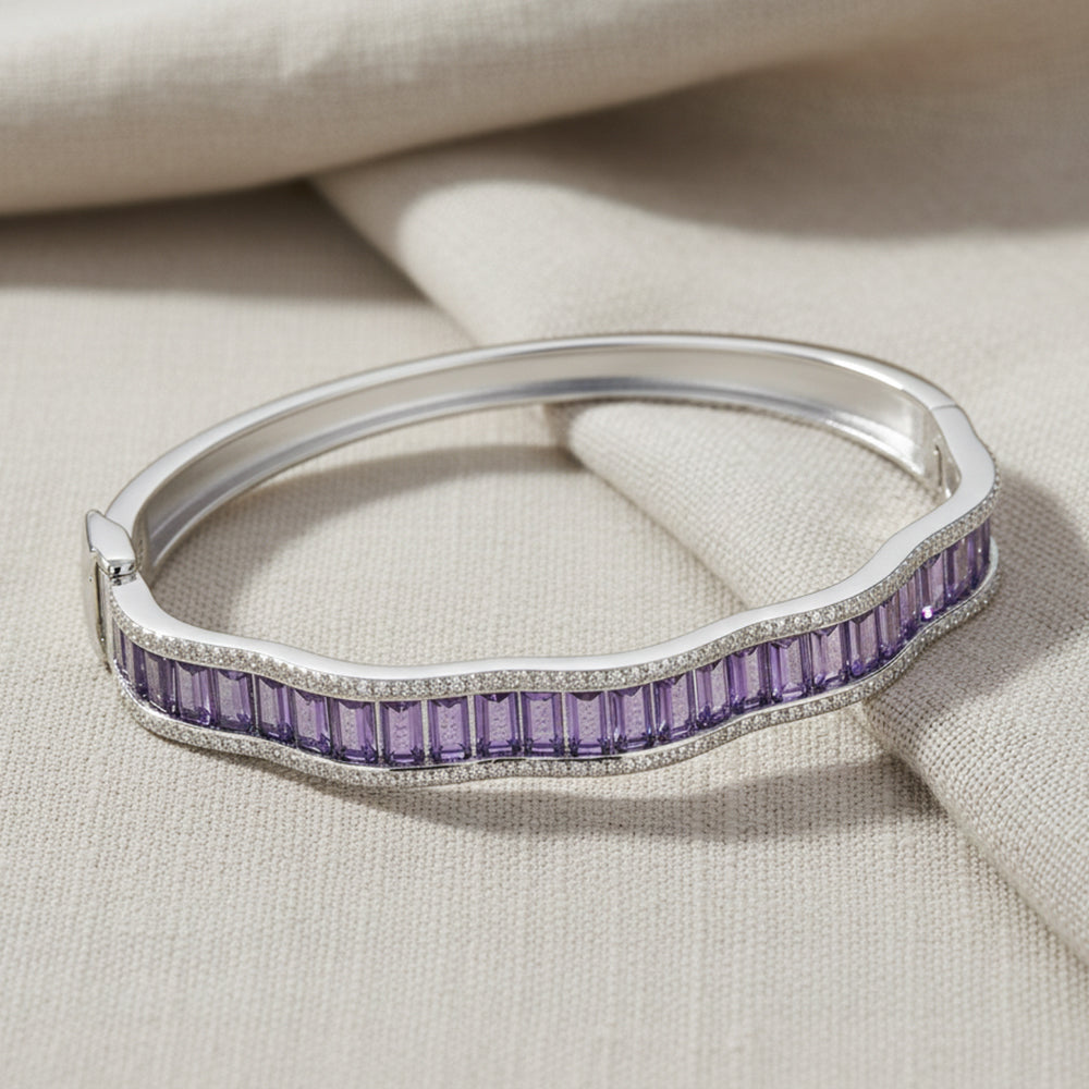 Silver Amethyst Purple Baguette Cut Zirconia Bracelet