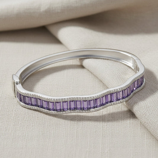 Silver Amethyst Purple Baguette Cut Zirconia Bracelet