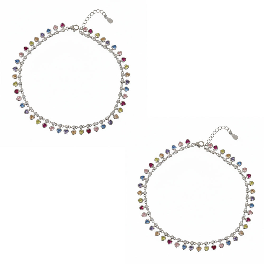 Silver Multicoloured Heart Drop Anklet