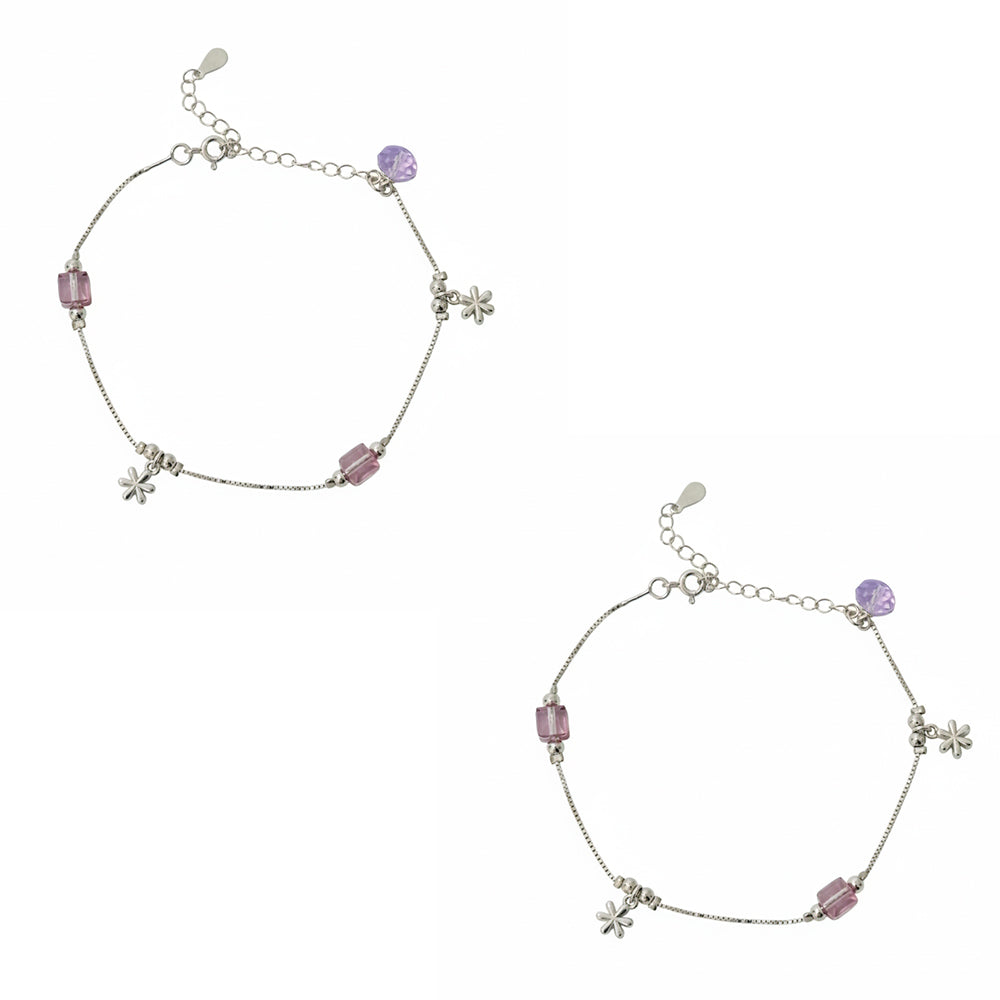 925 Sterling Silver Amethyst Cube & Snowflake Charm Anklet for her