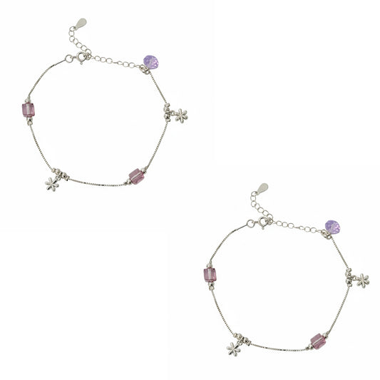 925 Sterling Silver Amethyst Cube & Snowflake Charm Anklet for her