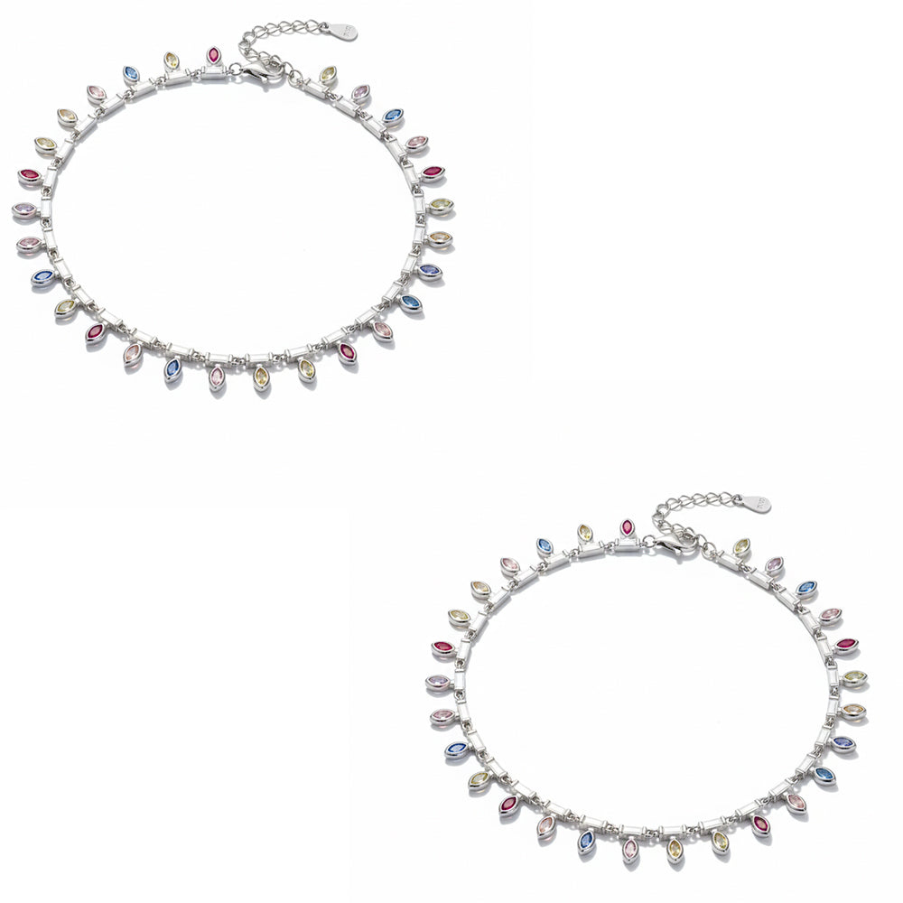 Silver Dazzling Rainbow Multi-colored Marquise Anklet
